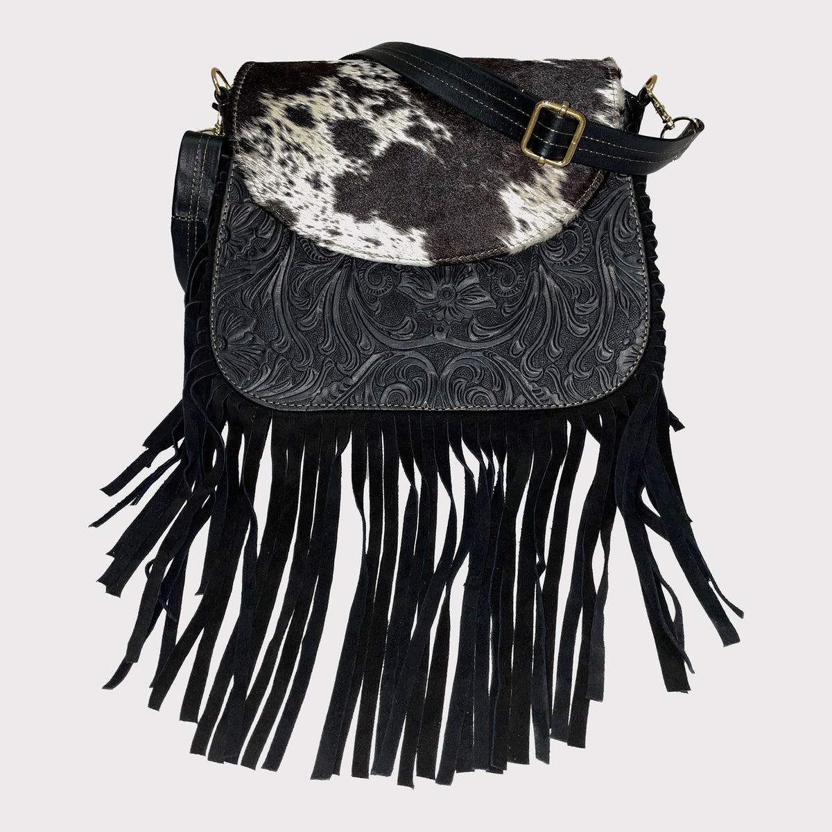western fringe leather crossbody bag with cow pattern