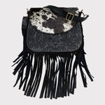 western fringe leather crossbody bag with cow pattern