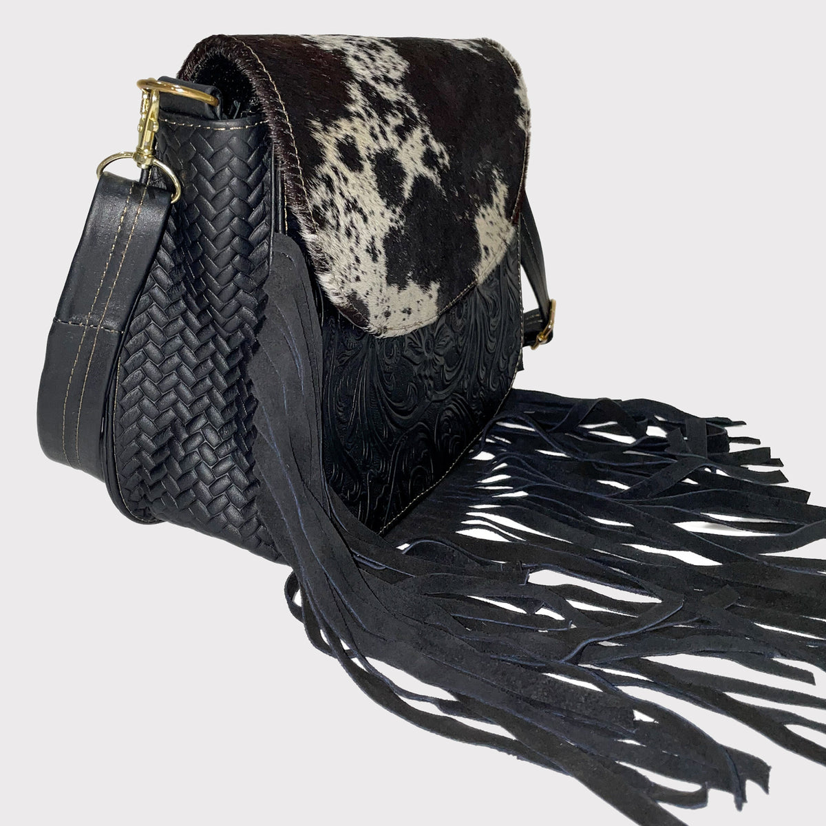 small handmade black leather fringe side sling bag