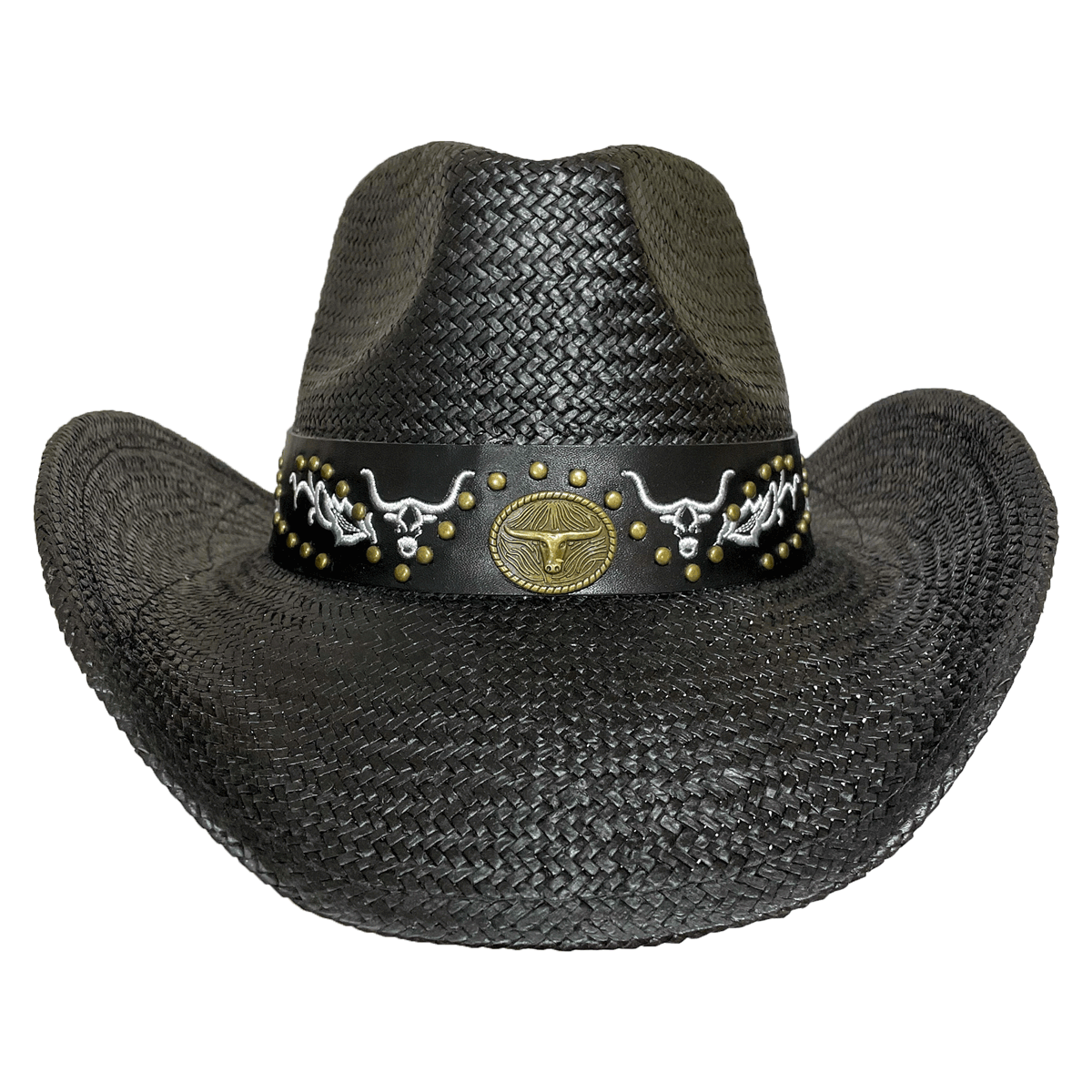 Handmade black straw cowboy hat with decorative  leather band featuring embroidered bulls and a bull medallion
