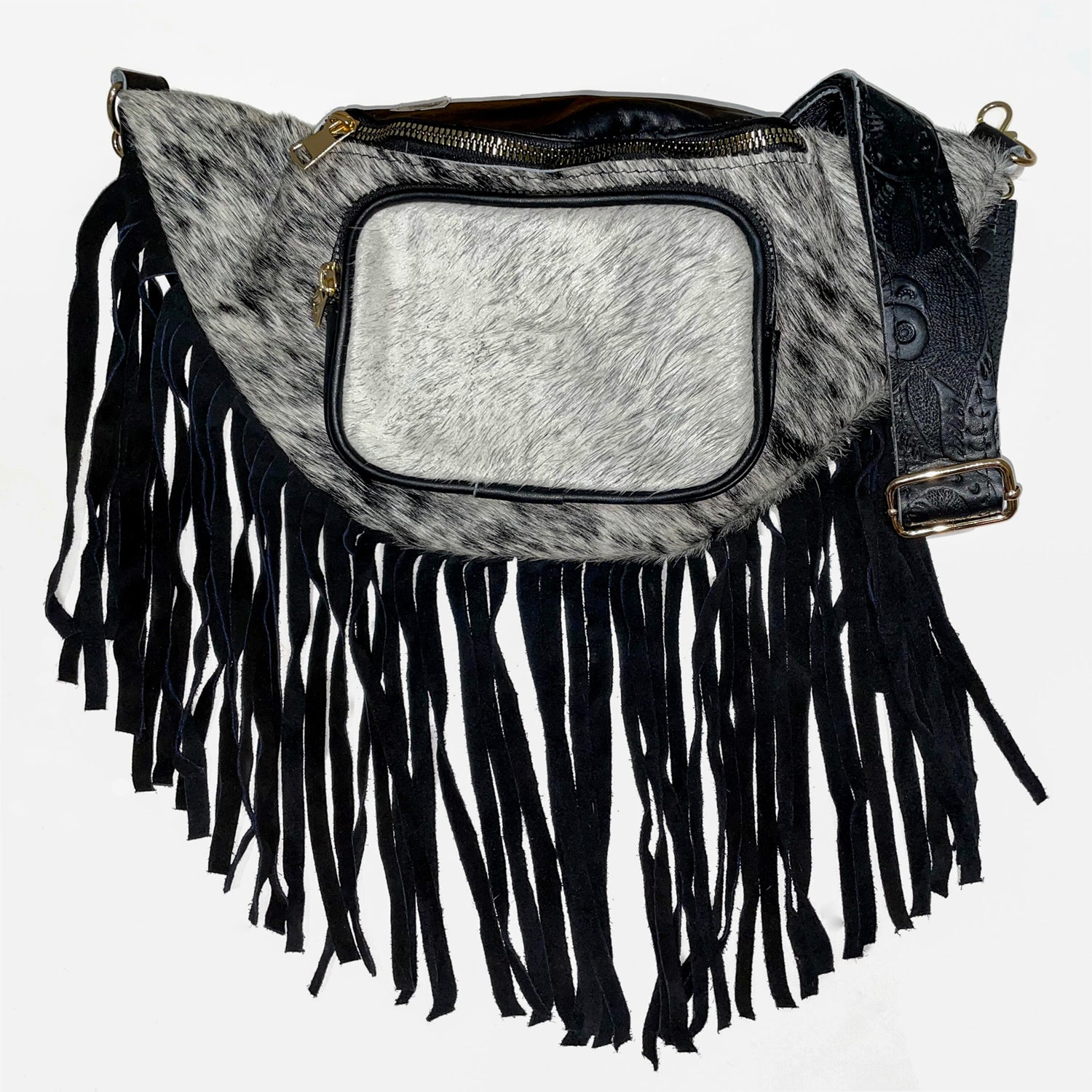 fringe cowhide fanny pack with engraved strap in black #black