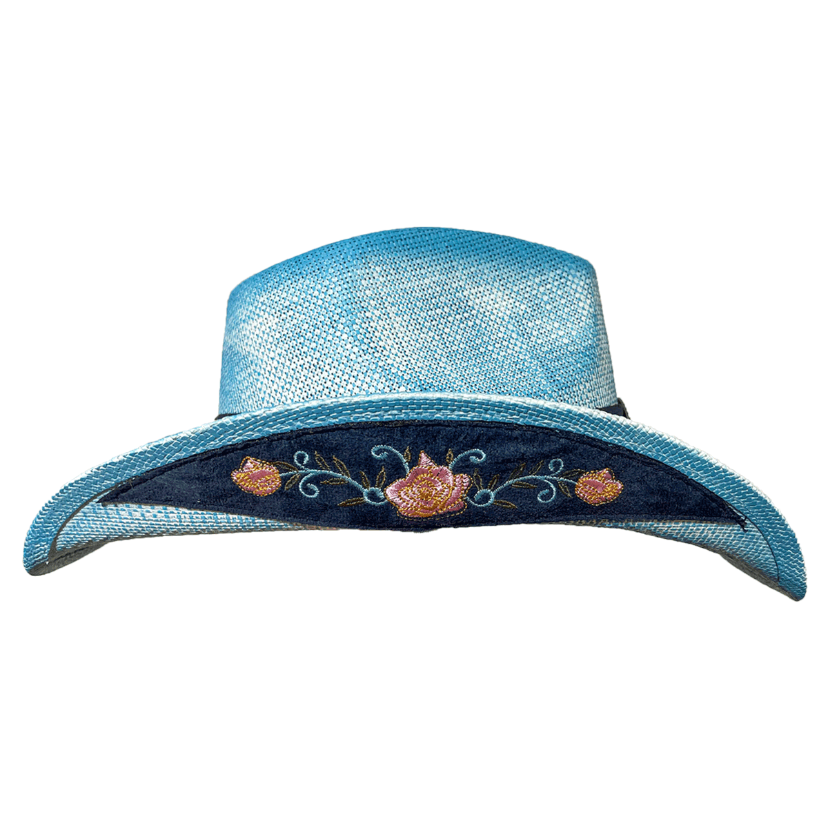 Brim of blue straw country hat, showing Mexican pink floral embroidery