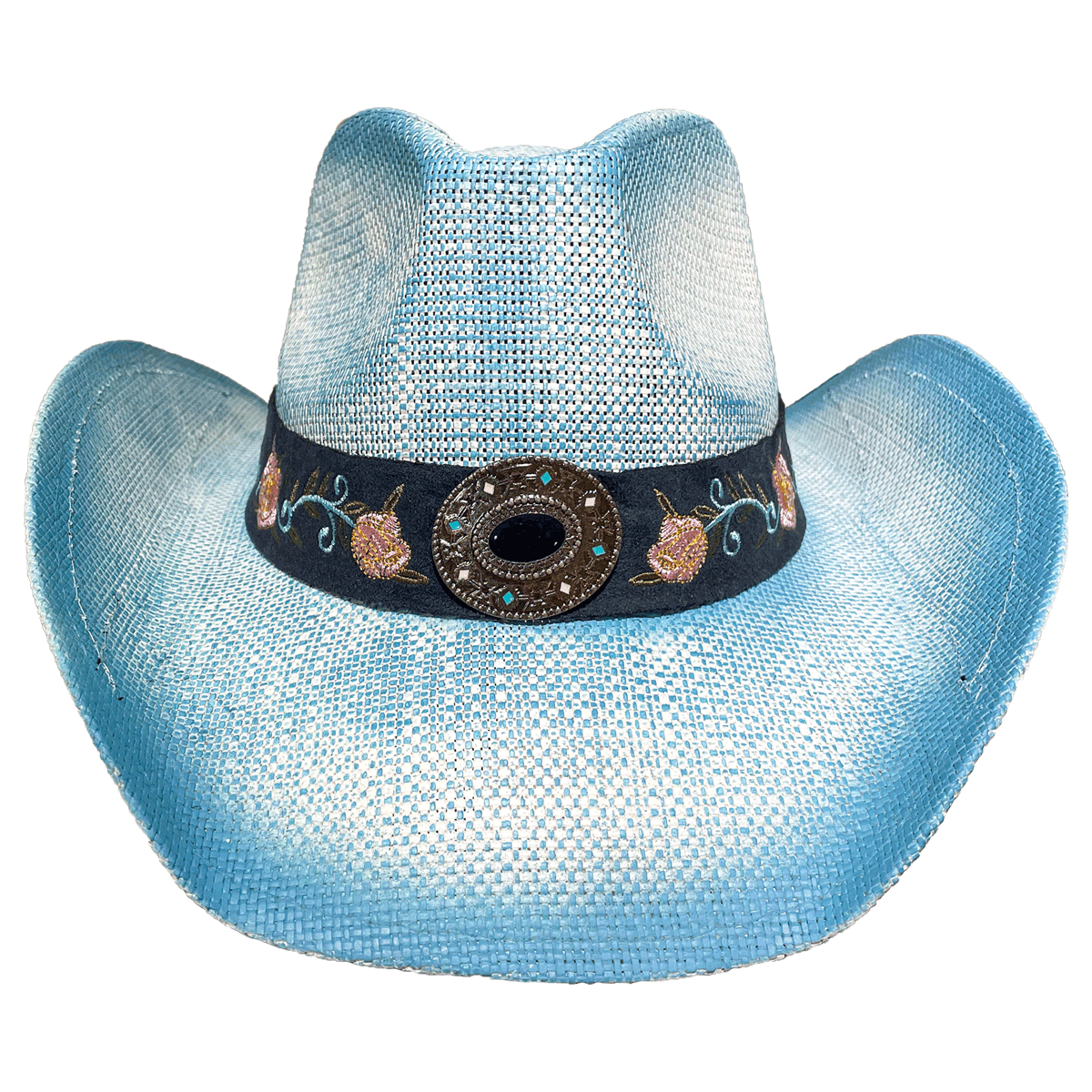 blue and white western style hat with embroidered floral hat band and metal concho