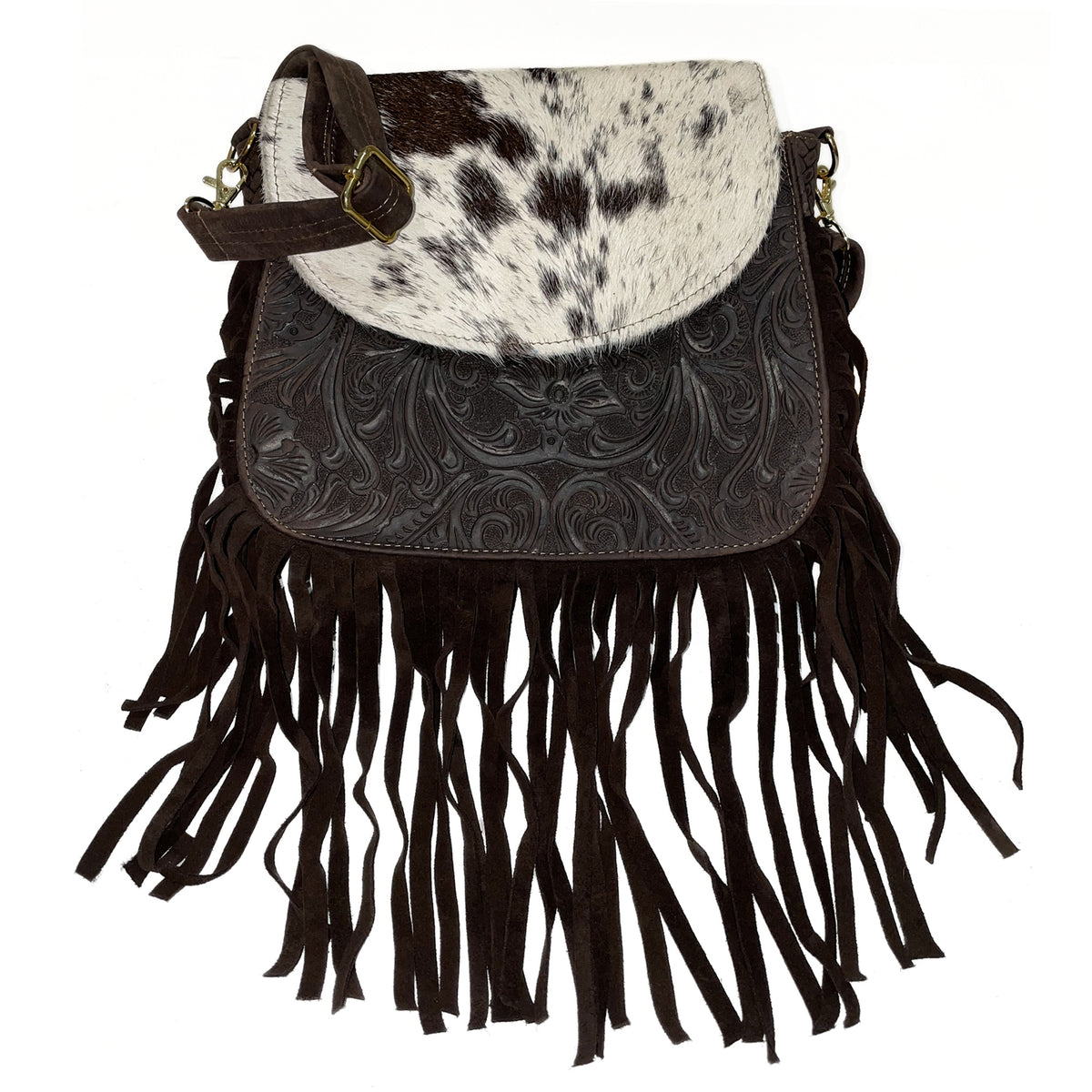 brown leather fringe crossbody purse with tassel detail