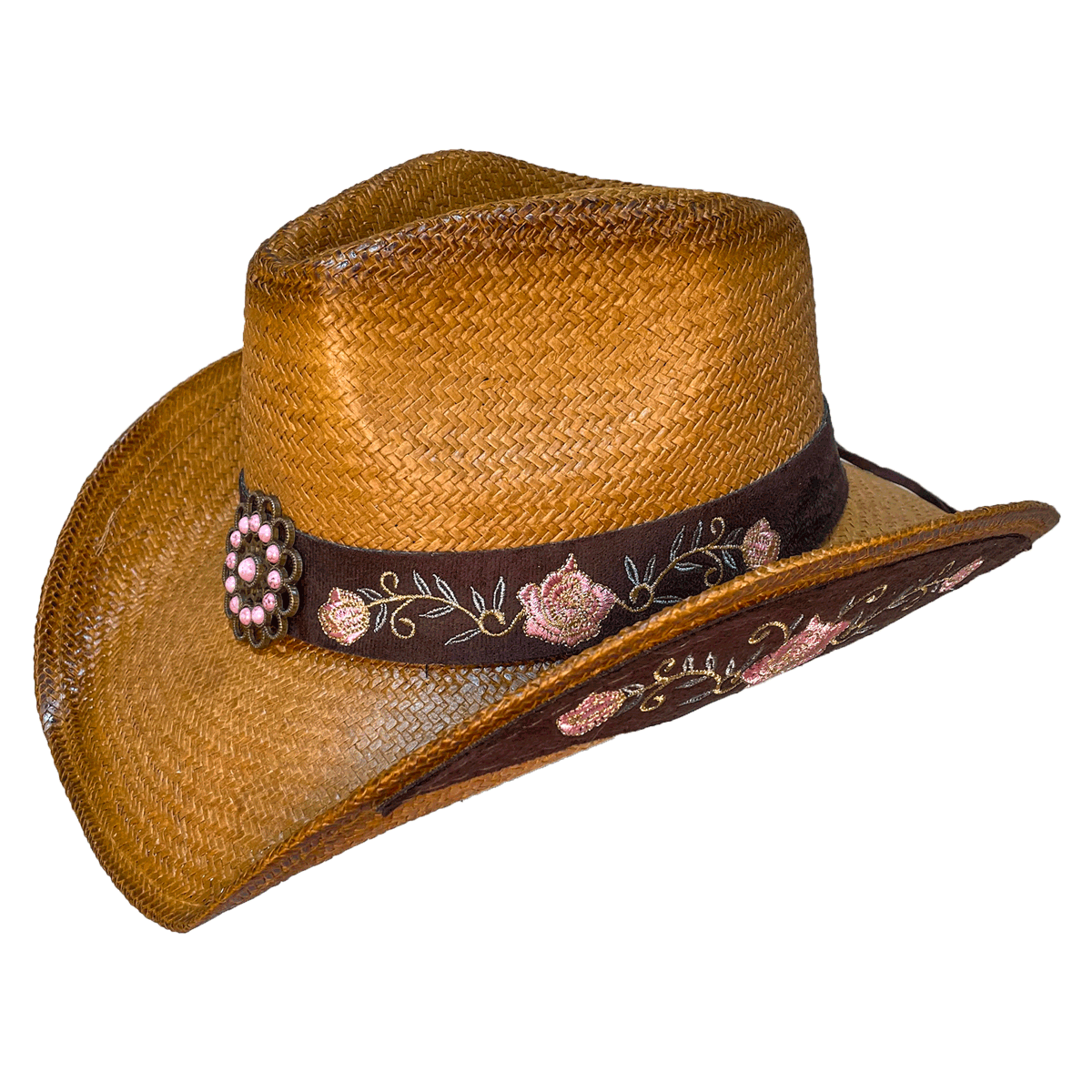 brown cowboy hat with embroidered flowers and vines hatband and metal light pink concho