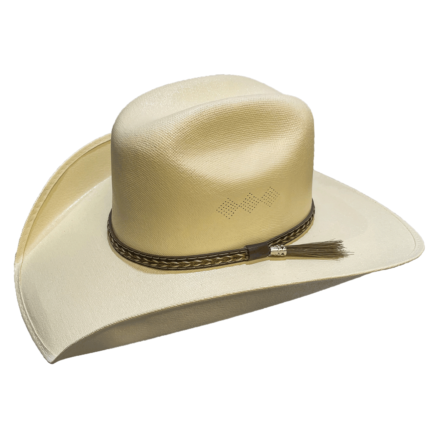 straw cowboy hat with braided leather hatband and tassel detail