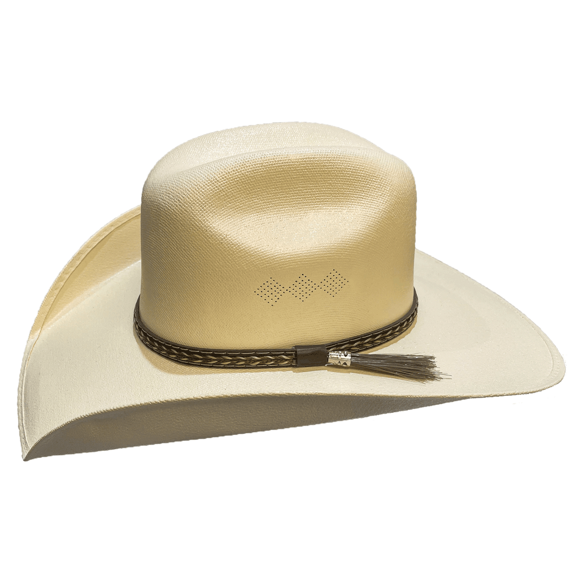 Cream cowboy hat with a high crown that has a perforated design for airflow