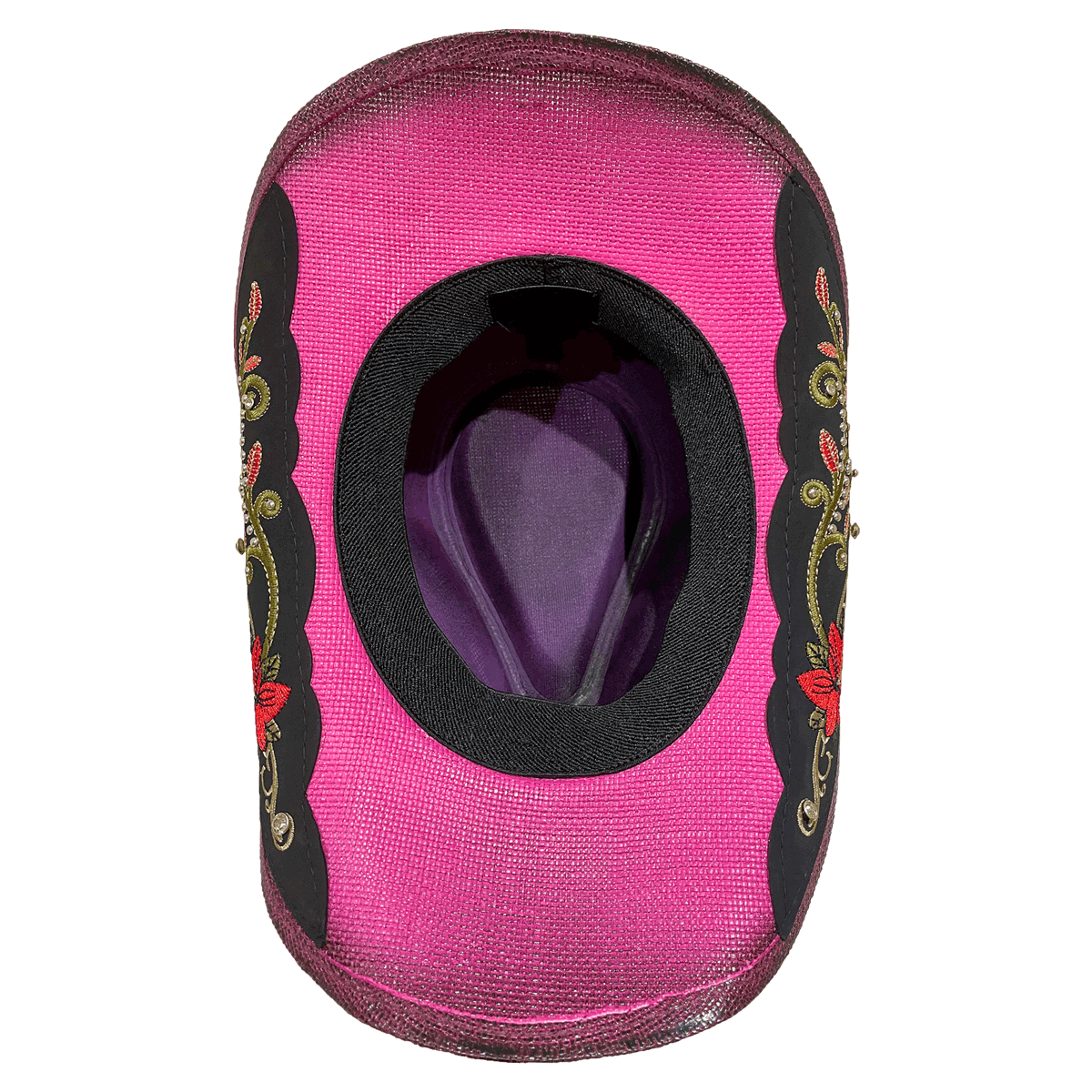 Inside view of stylish pink cowboy hat, showing the elastic sweatband that fits most adults from M-L