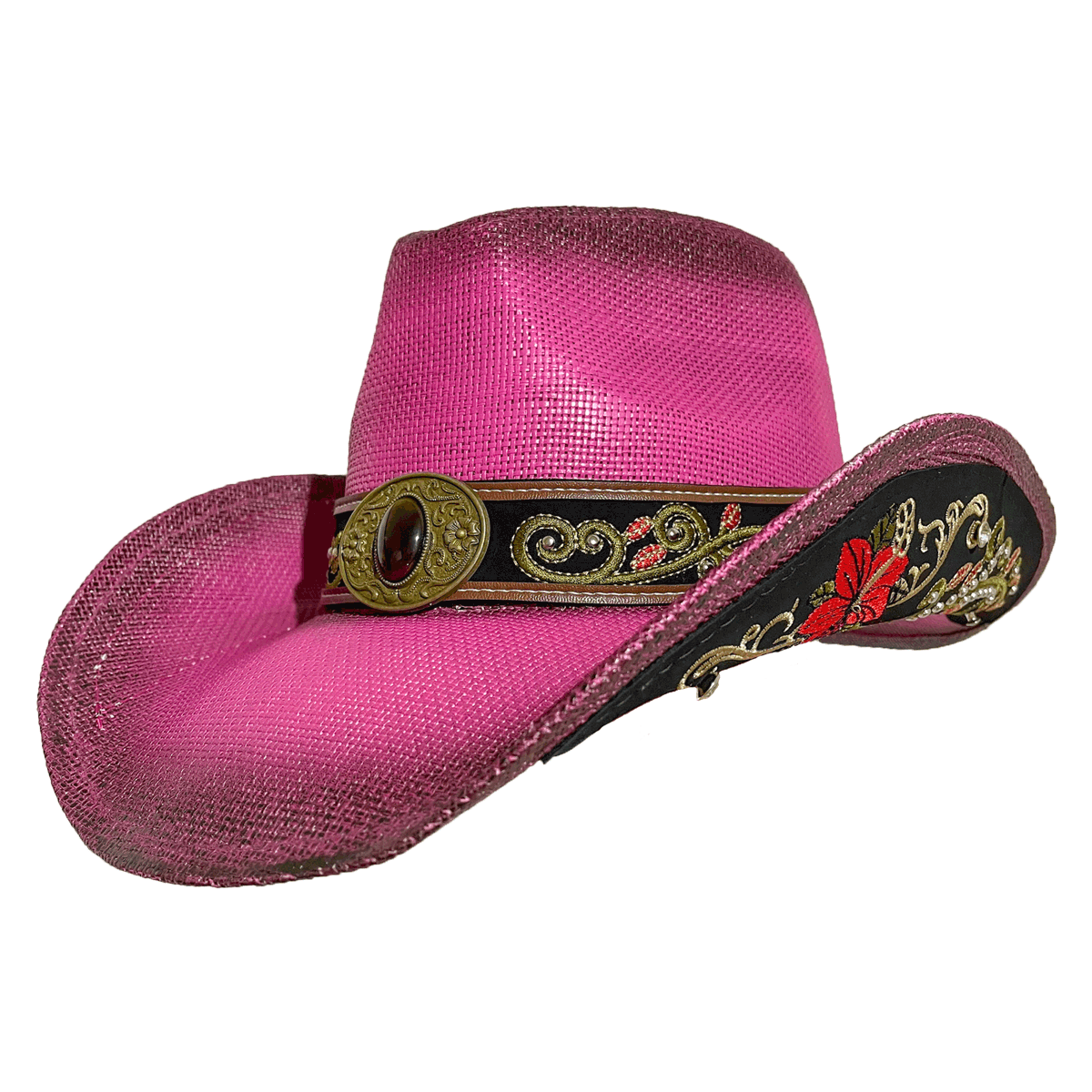 pink embroidered straw cowboy hat with floral hatband and burned edges