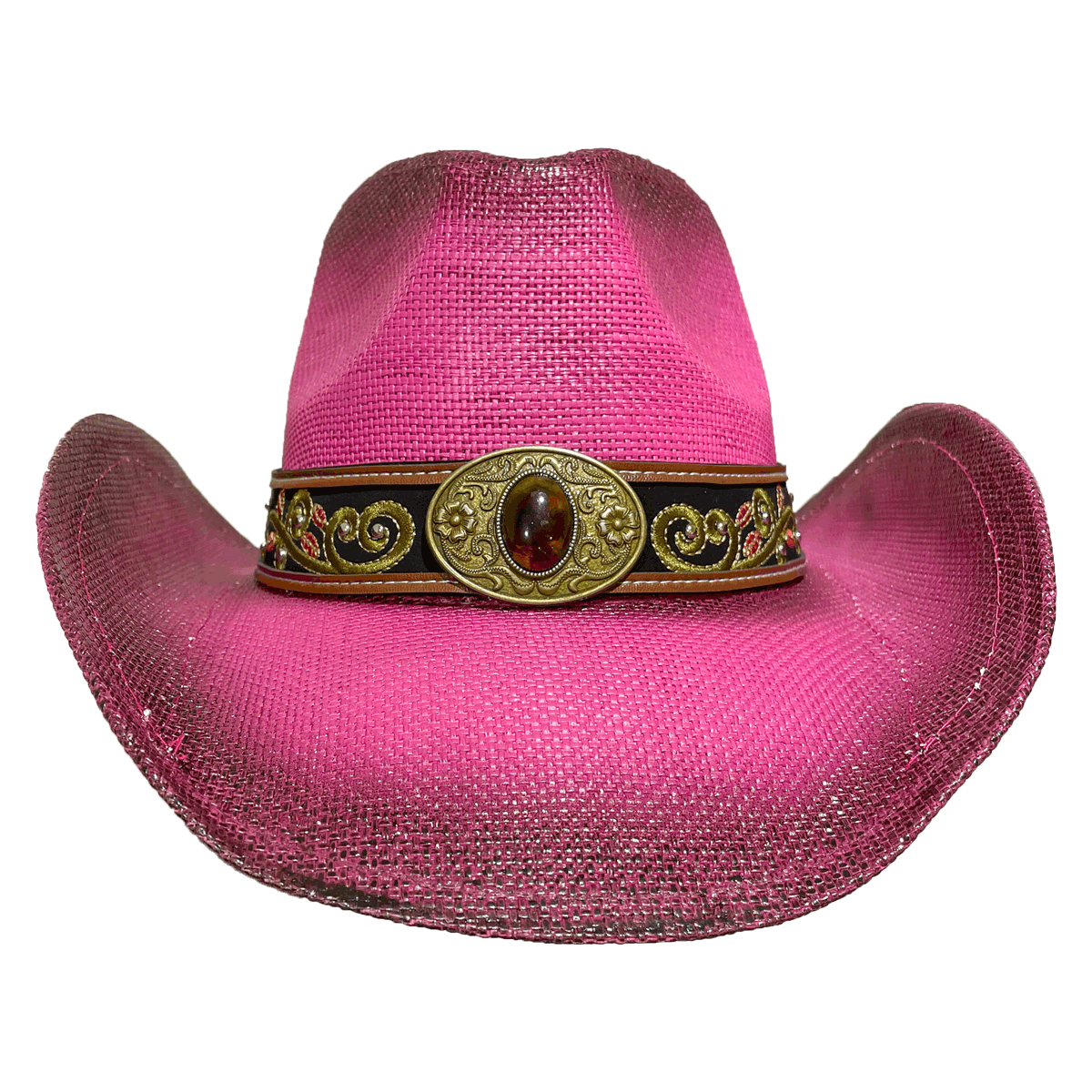 Front view of cute pink straw cowboy hat with a metal medallion hat decoration