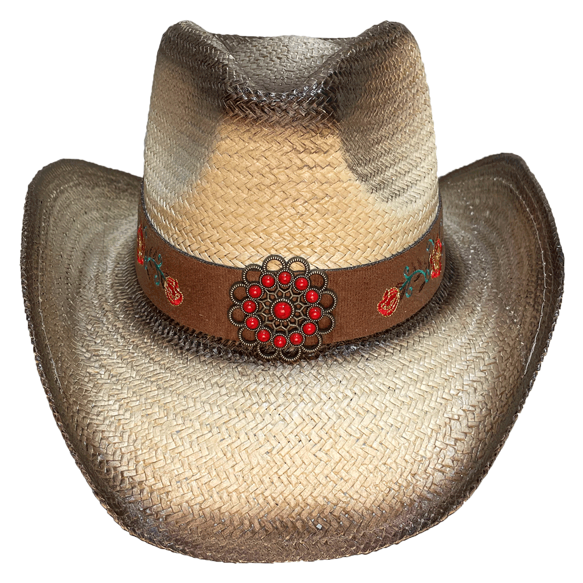 Straw cowboy hat with a decorative brown band featuring red stones on a metal medallion and hand sewn floral patterns