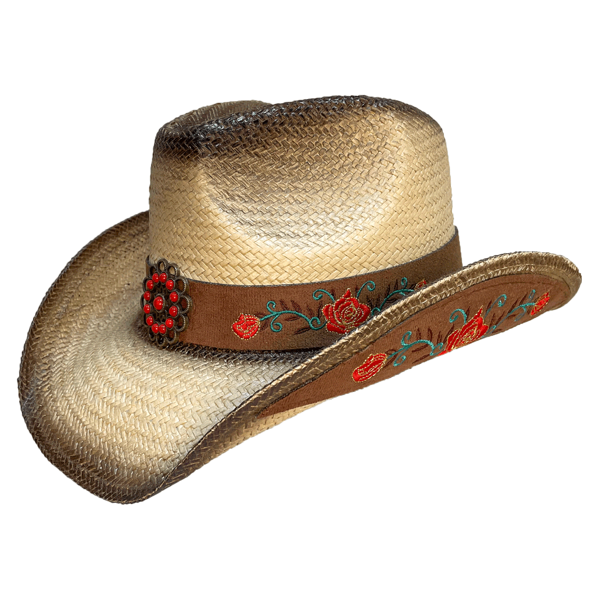 tan straw cowboy hat with red rose embroidery and jeweled concho