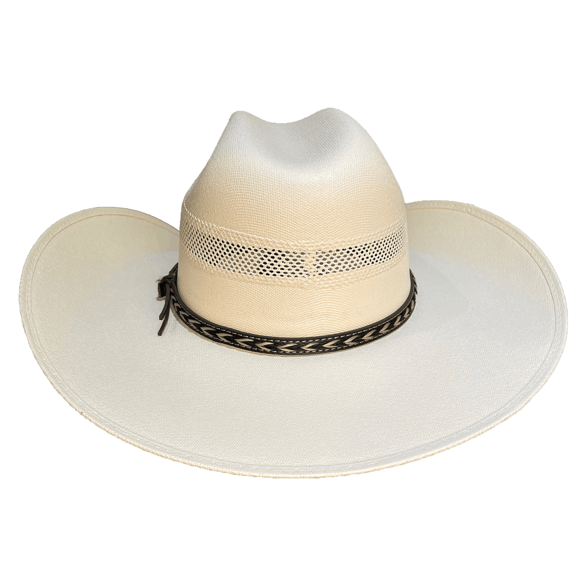 Wide, sloping brim with a vented crown made of sparsely woven straw for airflow