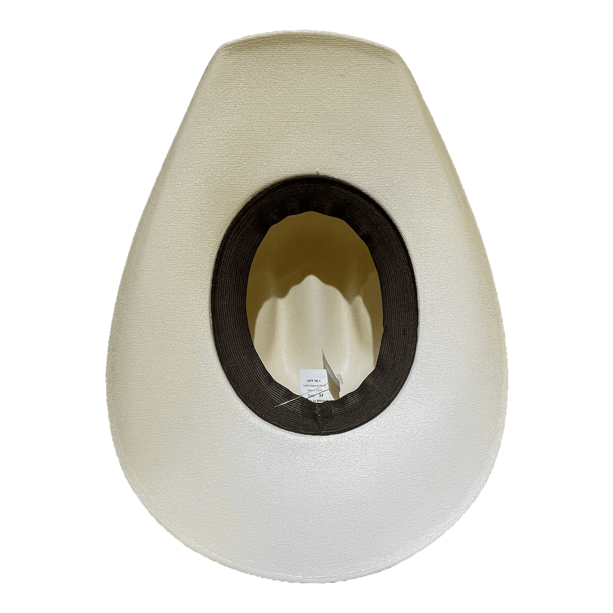 Inside view of straw hat, showing the black elastic headband