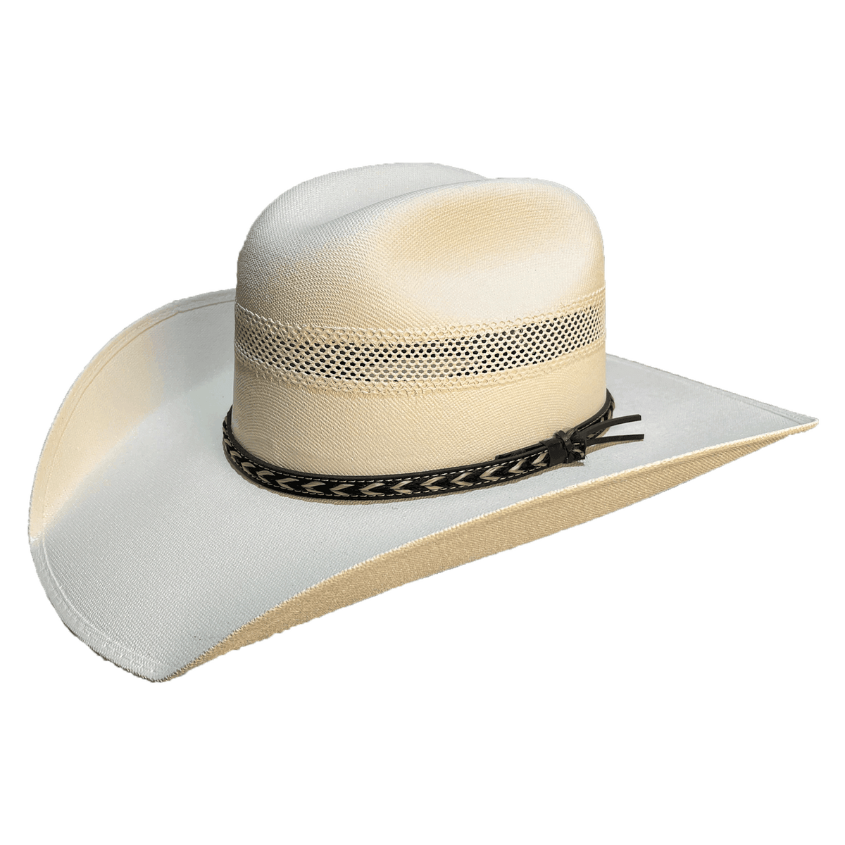 vented white cowboy hat with black braided band and wide brim