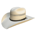 vented white cowboy hat with black braided band and wide brim
