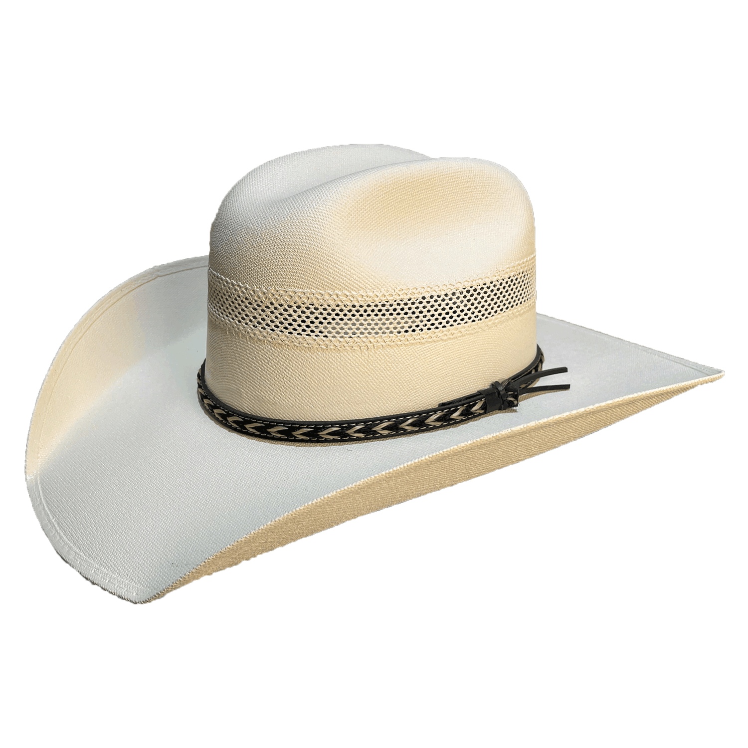vented white cowboy hat with black braided band and wide brim