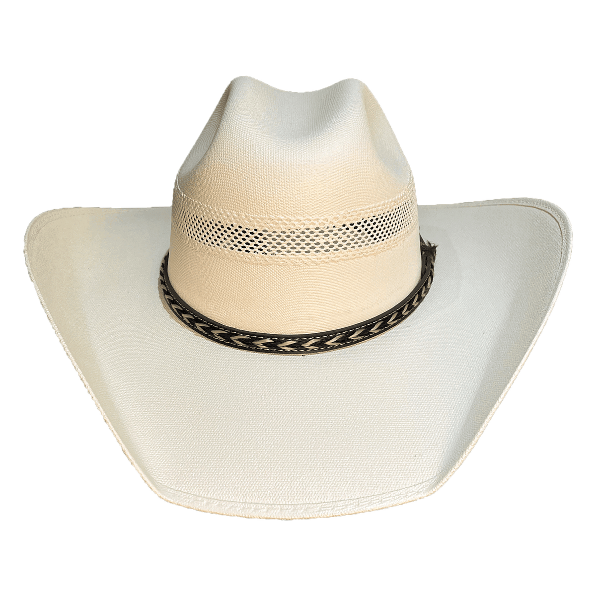 Straw cowboy hat made with natural fibers and a black leather hatband with woven detailing