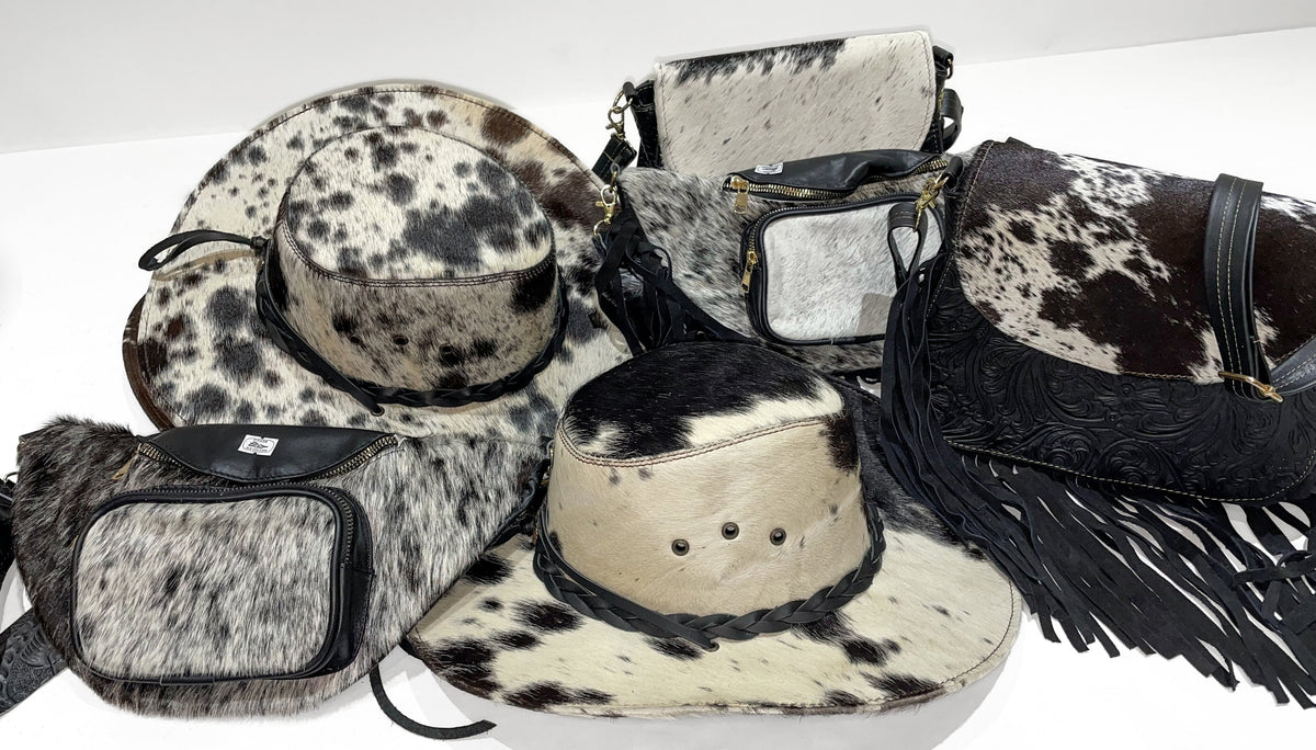 Genuine cowhide leather hats and bags collection featuring cow hair hats, handbags, crossbody bags, and leather accessories