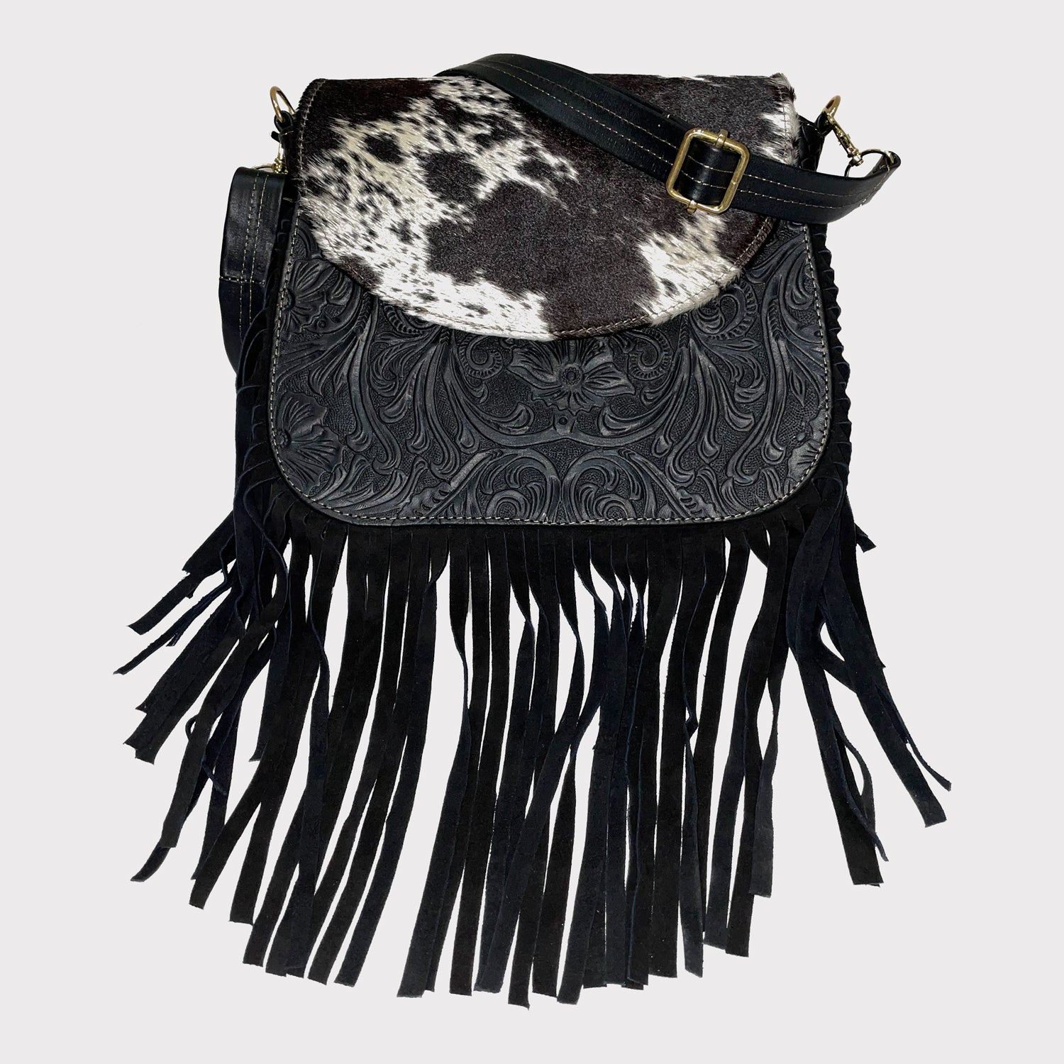 western fringe leather crossbody bag with cow pattern 