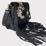 small handmade black leather fringe side sling bag 