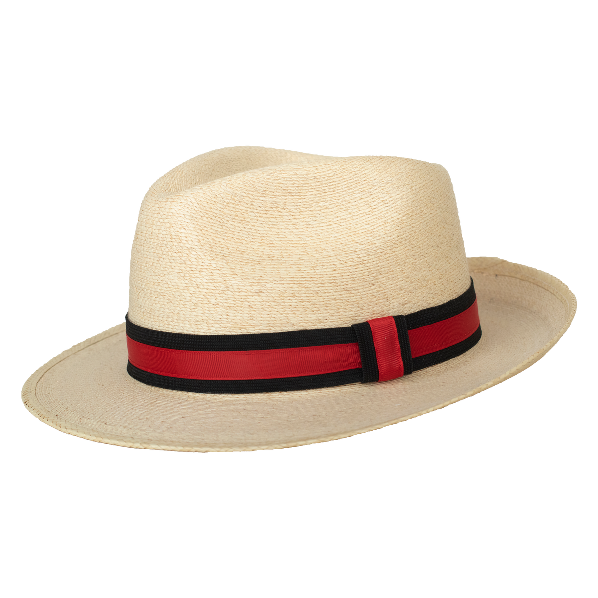 Natural-Red Fedora Fino handwoven Mexican palm leaf fedora with red and black cotton hat band, lightweight and breathable for summer. #natural-red