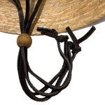 Close-up leather chin-cord with a wooden bead for adjustment on straw hat