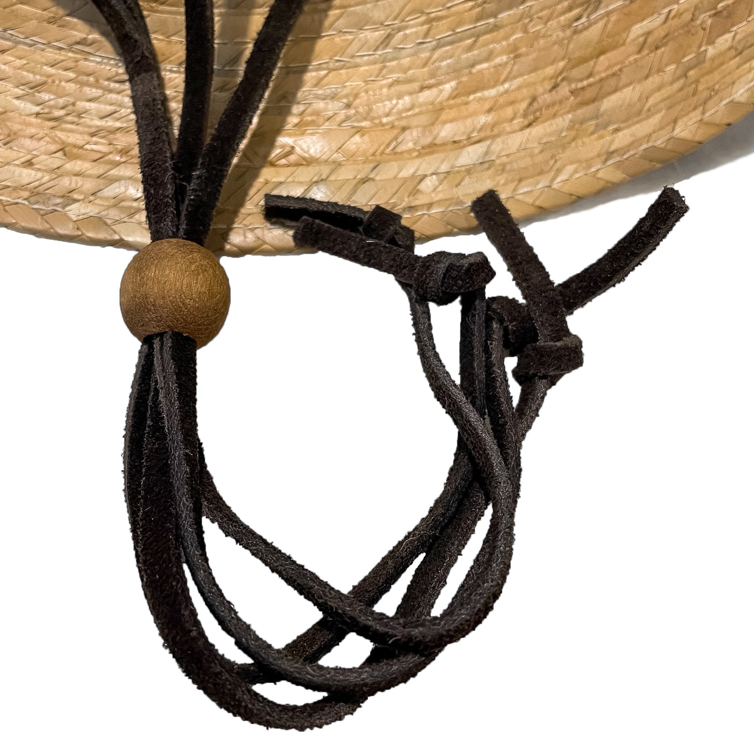 Close-up leather chin-cord with a wooden bead for adjustment on straw hat