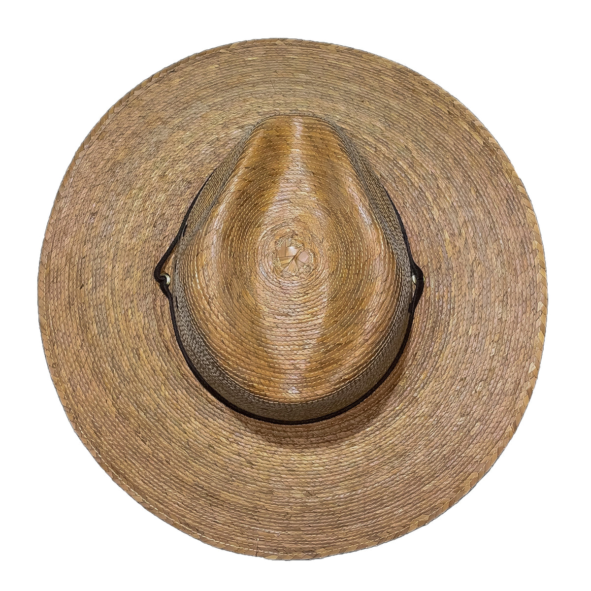 Top view of handmade safari hat crafted from woven palm straw