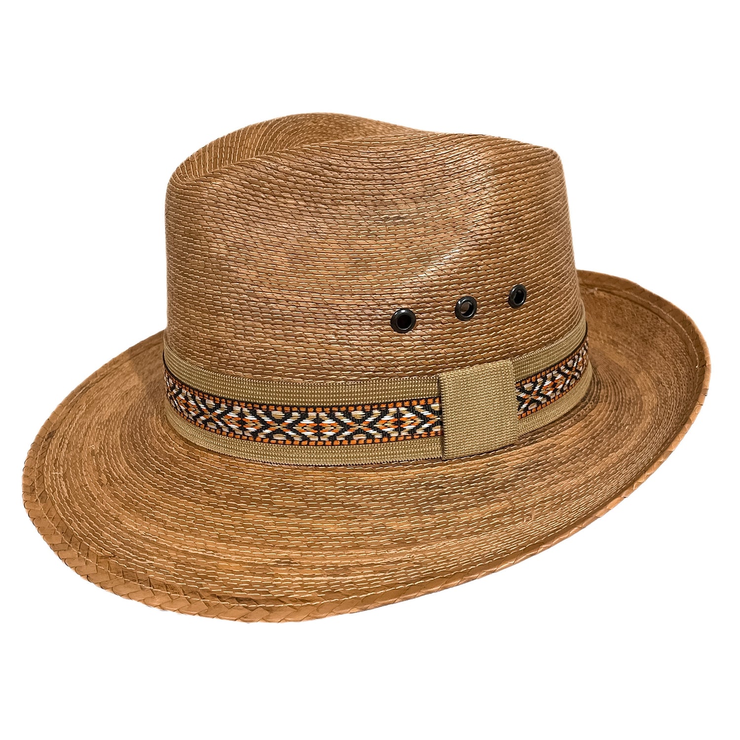 Brown straw hat with decorative band 