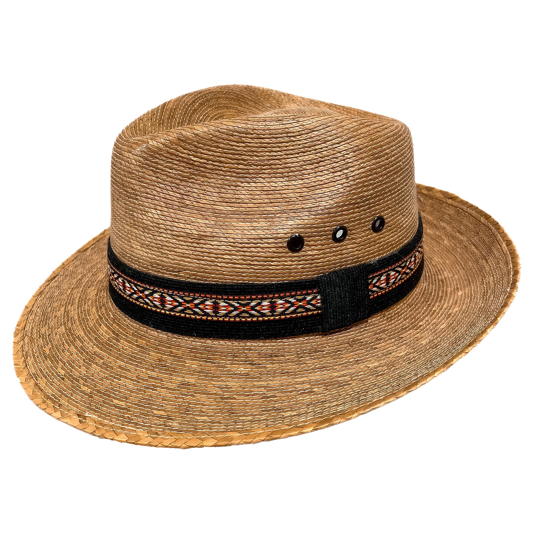 Brown straw hat with a decorative band 