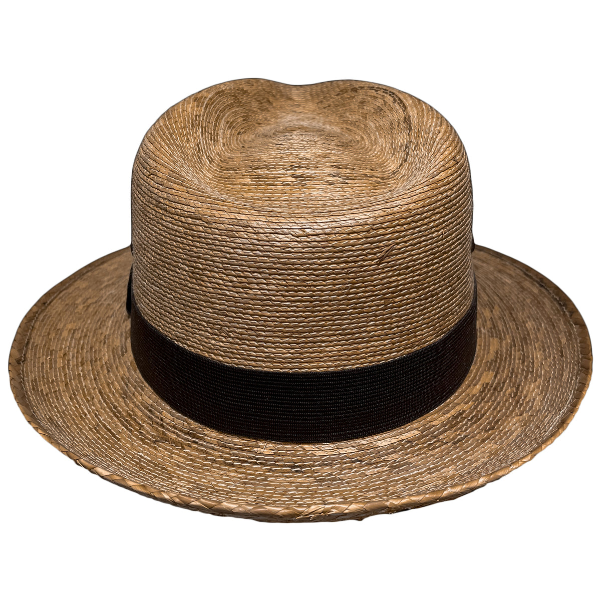 Back view of Brown Fedora Suave handcrafted palm leaf fedora showcasing the natural woven texture and brown hat band. 