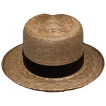 Back view of Brown Fedora Suave handcrafted palm leaf fedora showcasing the natural woven texture and brown hat band. 