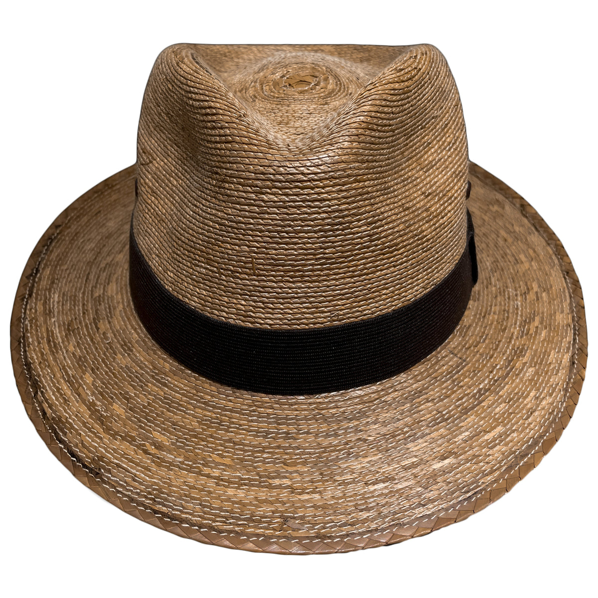 Front view of Brown Fedora Suave palm leaf fedora featuring a classic brown cotton hat band and timeless minimalist design. 