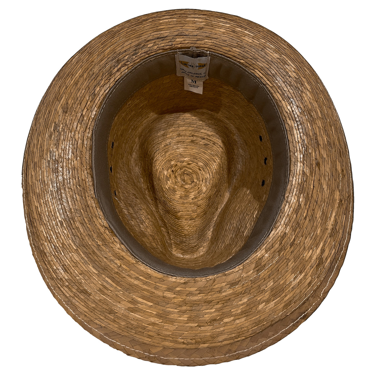 Inside view of Brown Fedora Suave handmade palm leaf fedora showing the comfortable interior band and natural woven construction. 