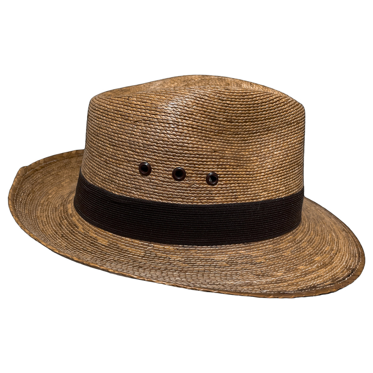 Side profile of Brown Fedora Suave handwoven Mexican palm leaf fedora highlighting its structured crown, breathable weave, and classic brim. 