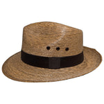 Side view of Brown Fedora Suave showing the handwoven palm leaf texture and artisan craftsmanship from Mexico. 