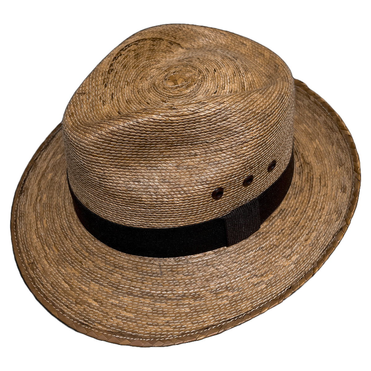 Top view of Brown Fedora Suave handcrafted from natural Mexican palm leaves, showcasing its structured fedora crown and woven texture. 