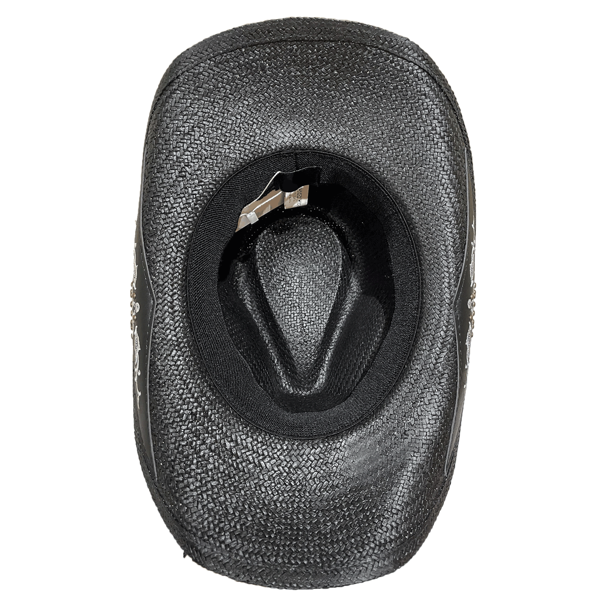 Inside view of black rodeo-inspired cowboy hat, showing the comfortable elastic sweatband 