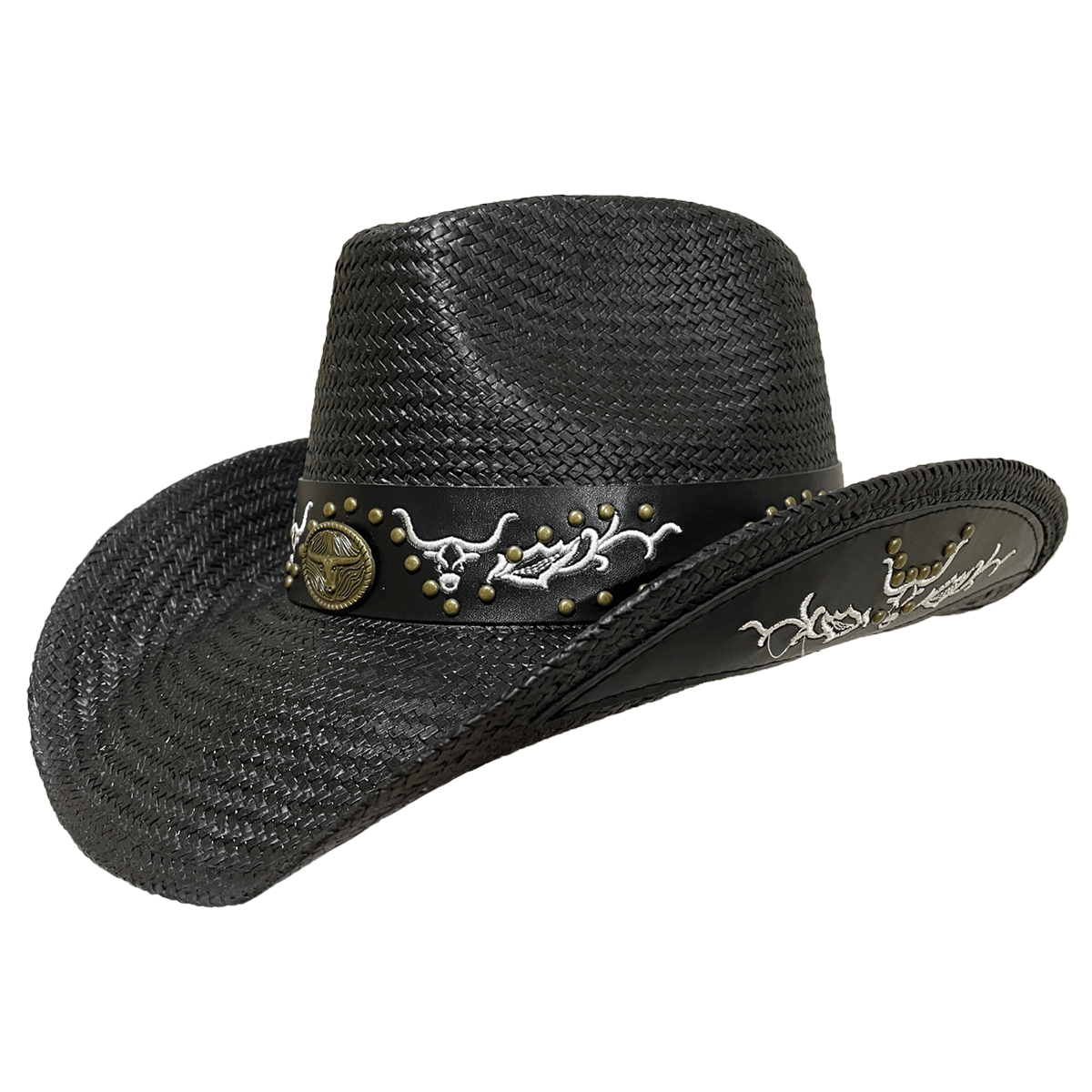 black western straw cowboy hat with gold metal accents and white embroidery hat provides sun protection 