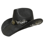 black western straw cowboy hat with gold metal accents and white embroidery hat provides sun protection 
