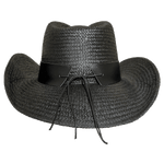 Back view of black hat, showing the knot for the black leather band 