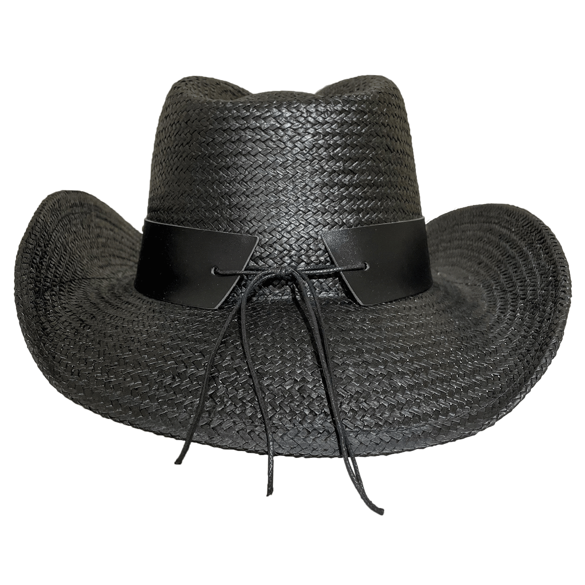 Back view of black hat, showing the knot for the black leather band 