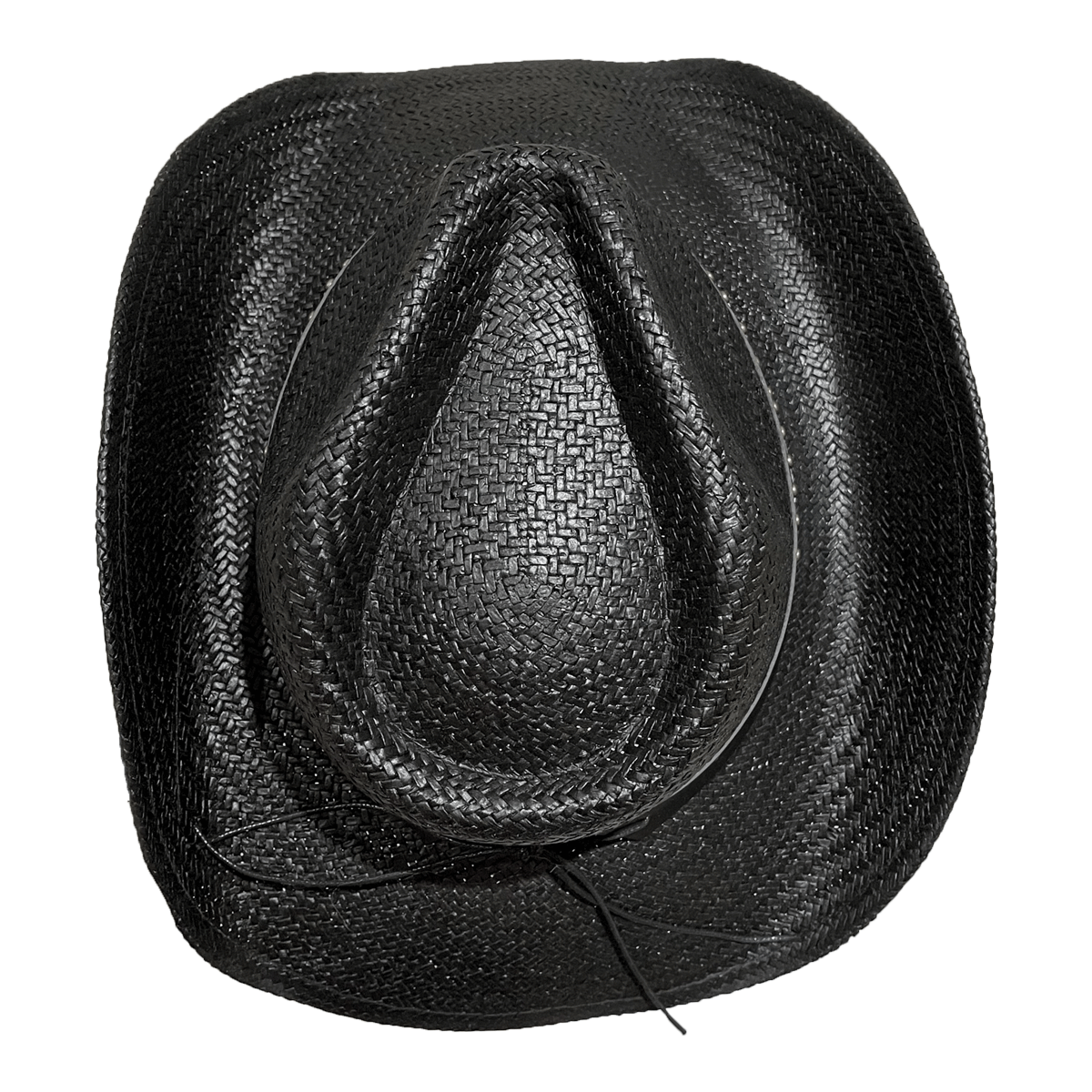 Top view of black straw country hat, available in one size, fitting M-L 