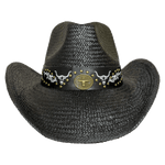 Handmade black straw cowboy hat with decorative  leather band featuring embroidered bulls and a bull medallion 
