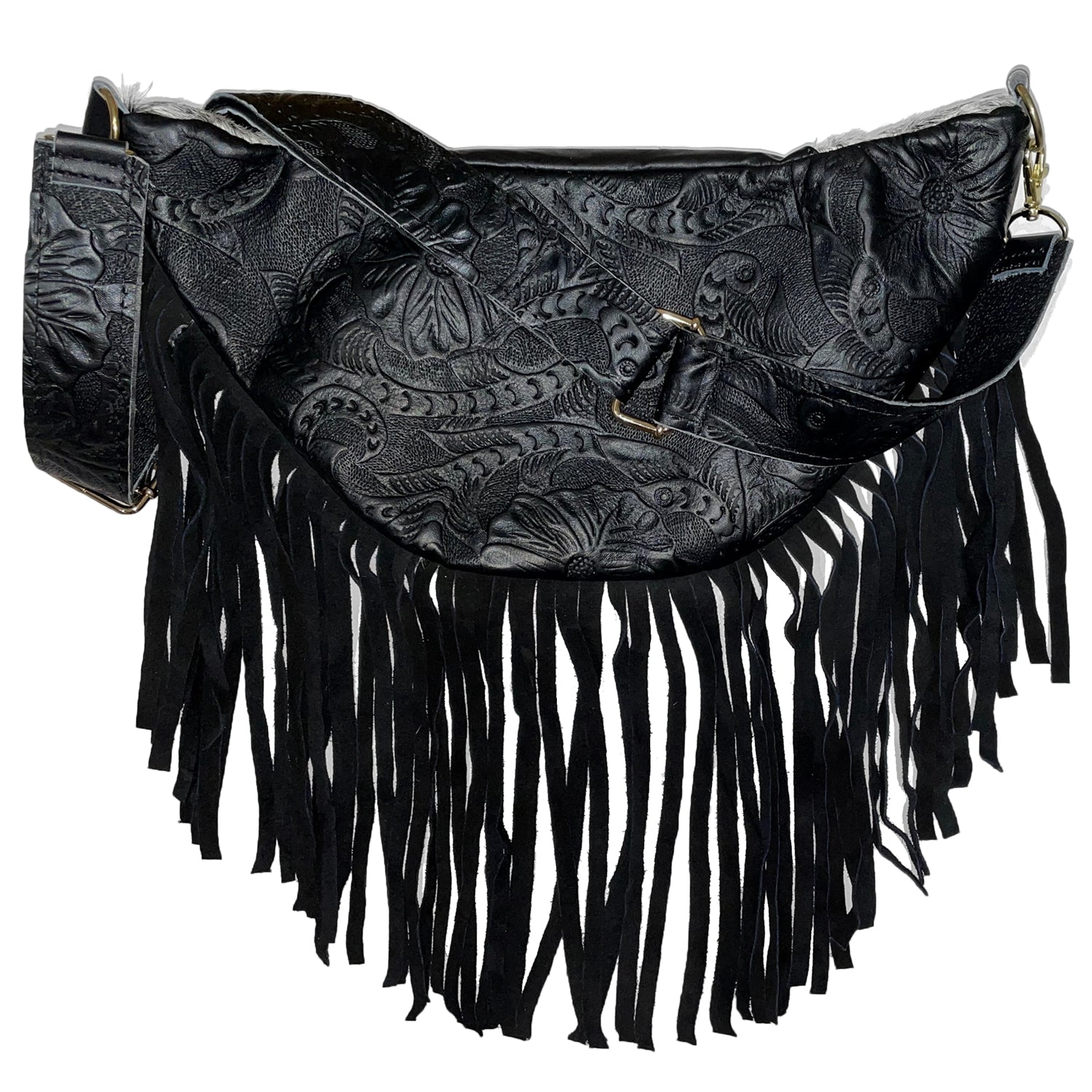 Black western waist bag with intricate patterns and fringes 