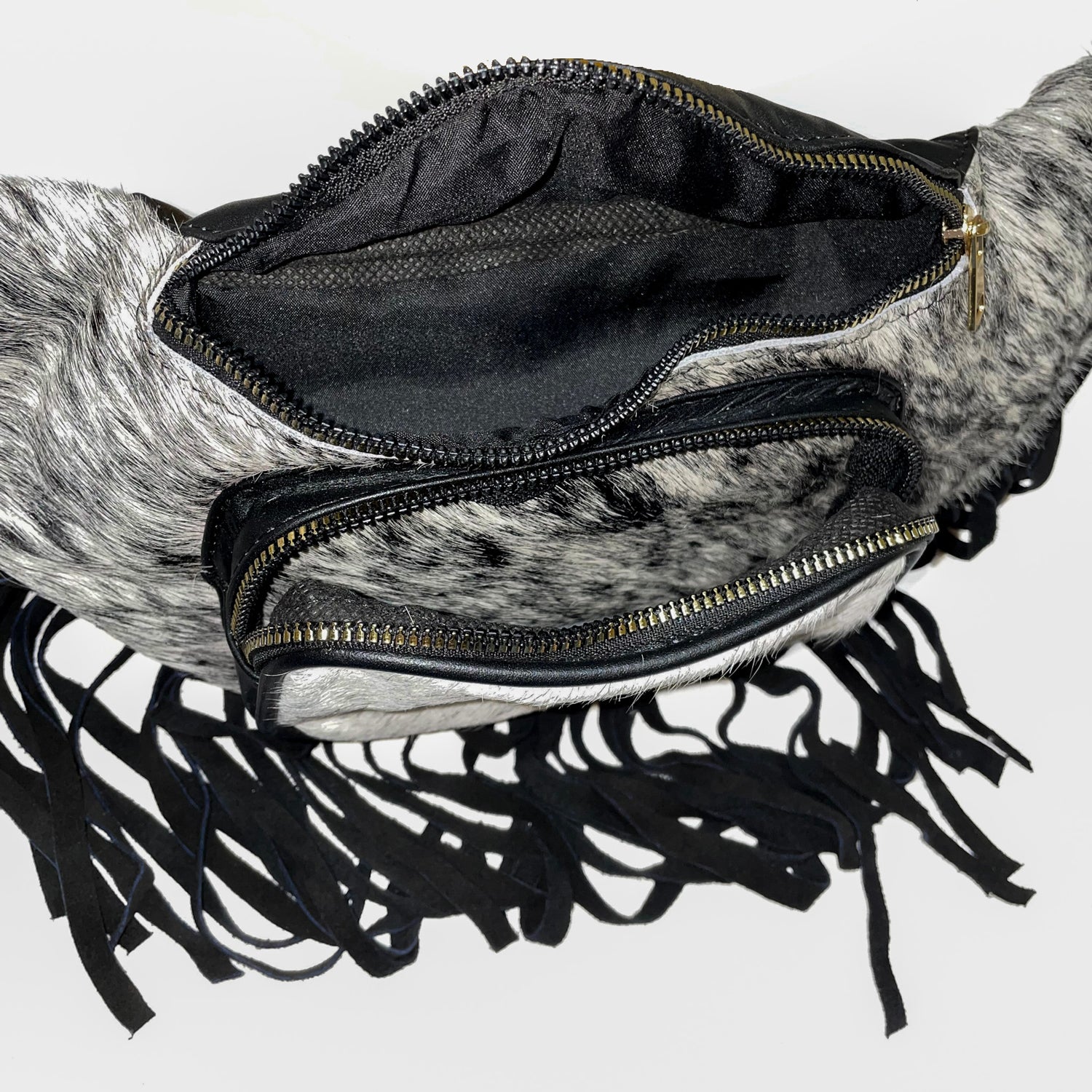 Stylish Black Leather Biker Fanny Pack With Fringes – Expandable & Unisex