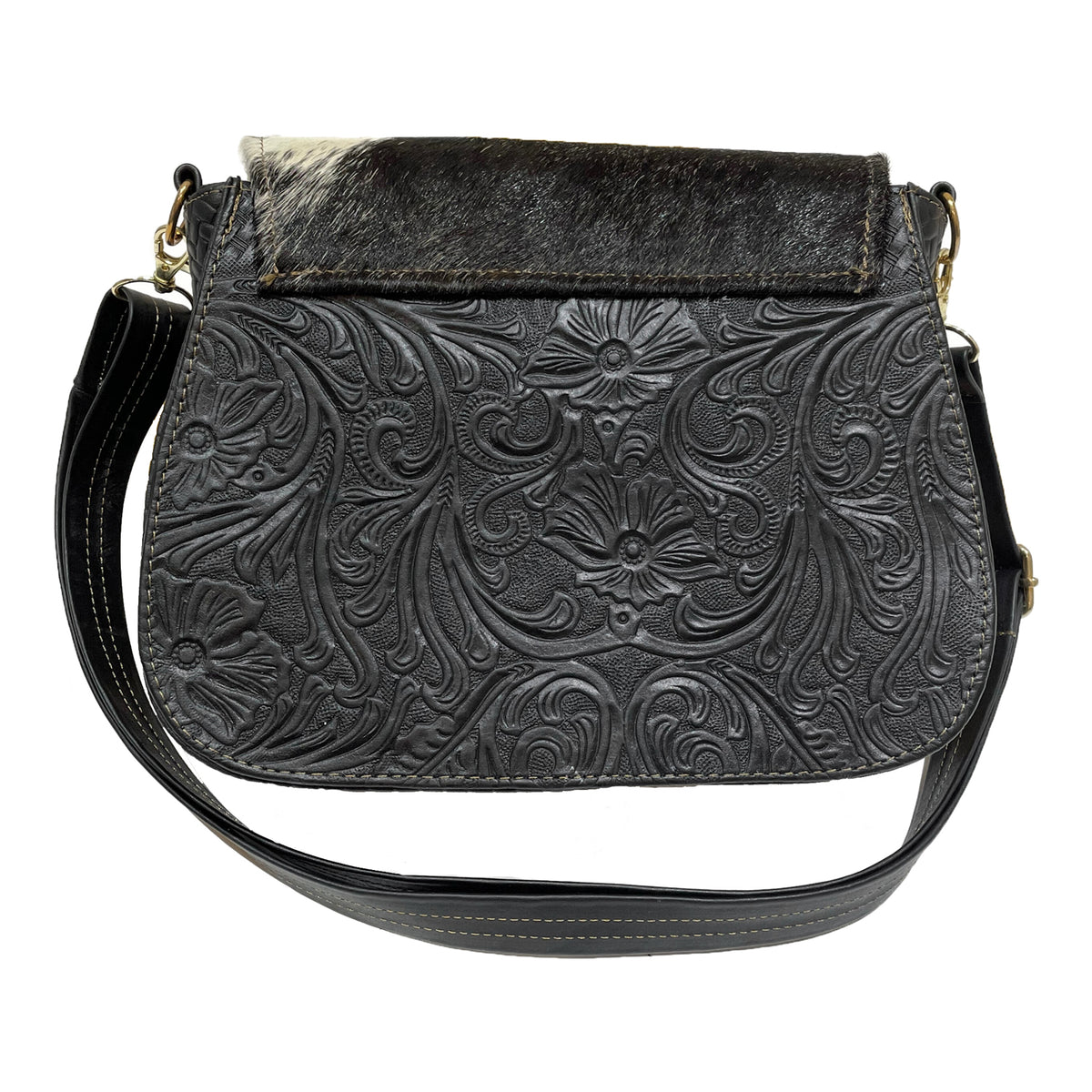 Black leather handbag with floral embossing 
