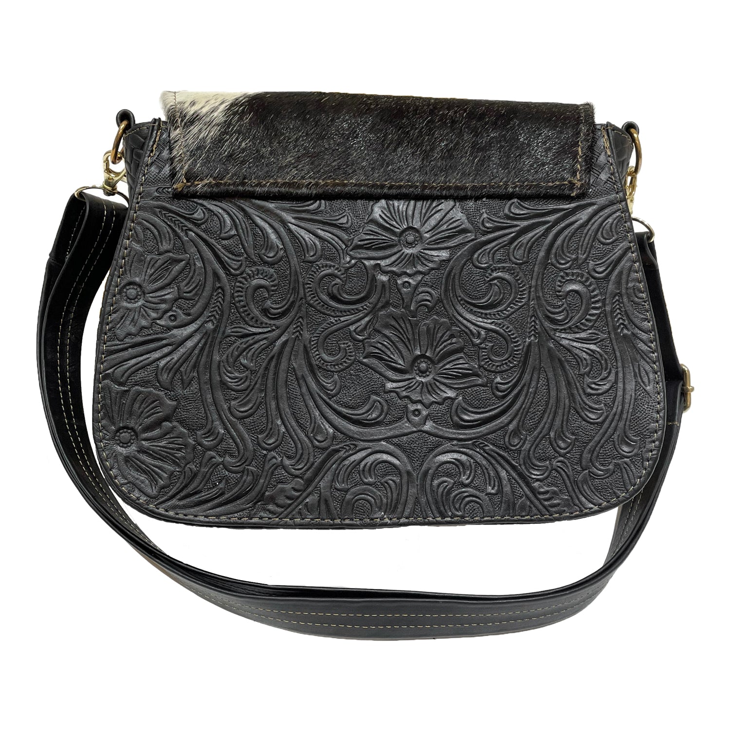 Black leather handbag with floral embossing 