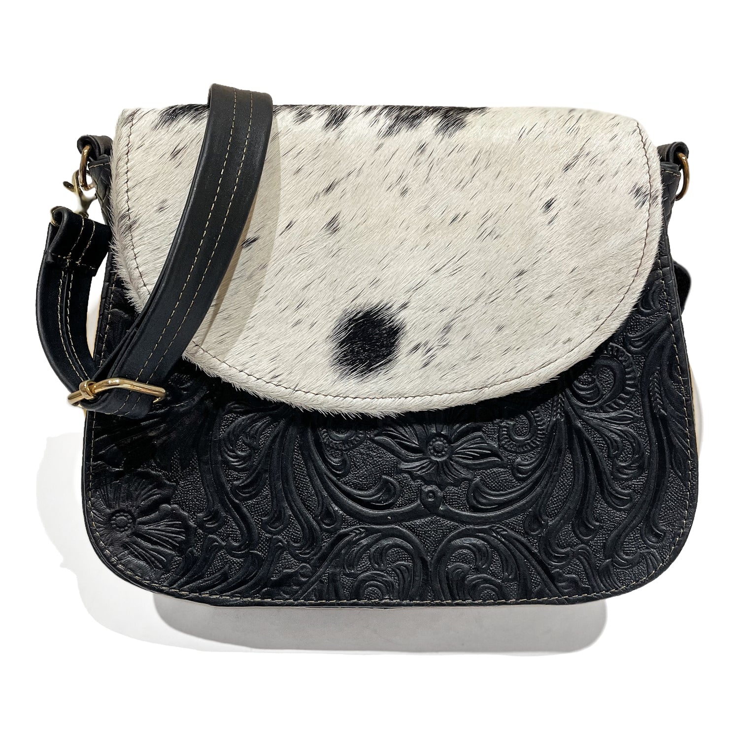 Black and white cowhide leather bag with floral embossing #black